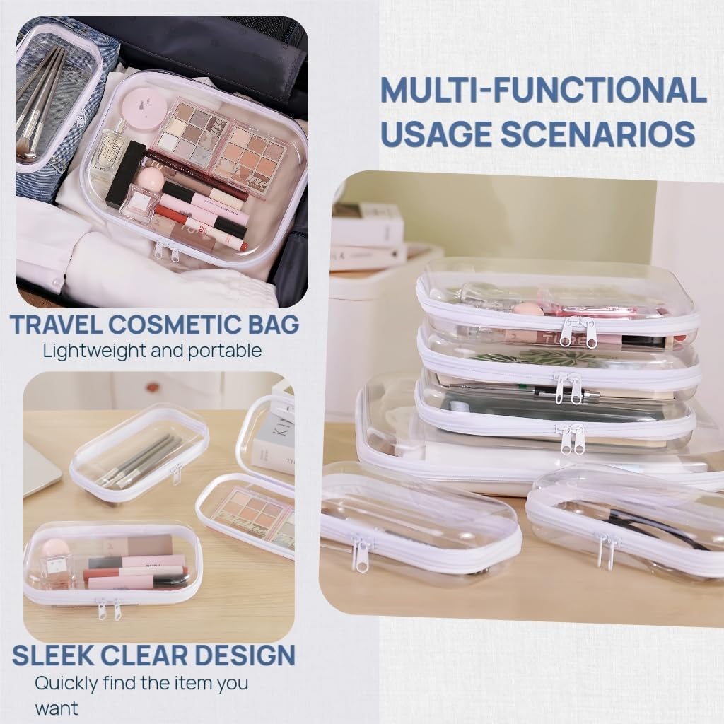 PGAXM 3PCS Clear Hard Plastic Zipper Case, Double Zippers Hard Pouch, Portable Travel Organizer Bin Clear Makeup Bag for Toy Storage, Snack Bag, Cosmetics, Diaper Bag, Toiletry Bag (3PCS-L)