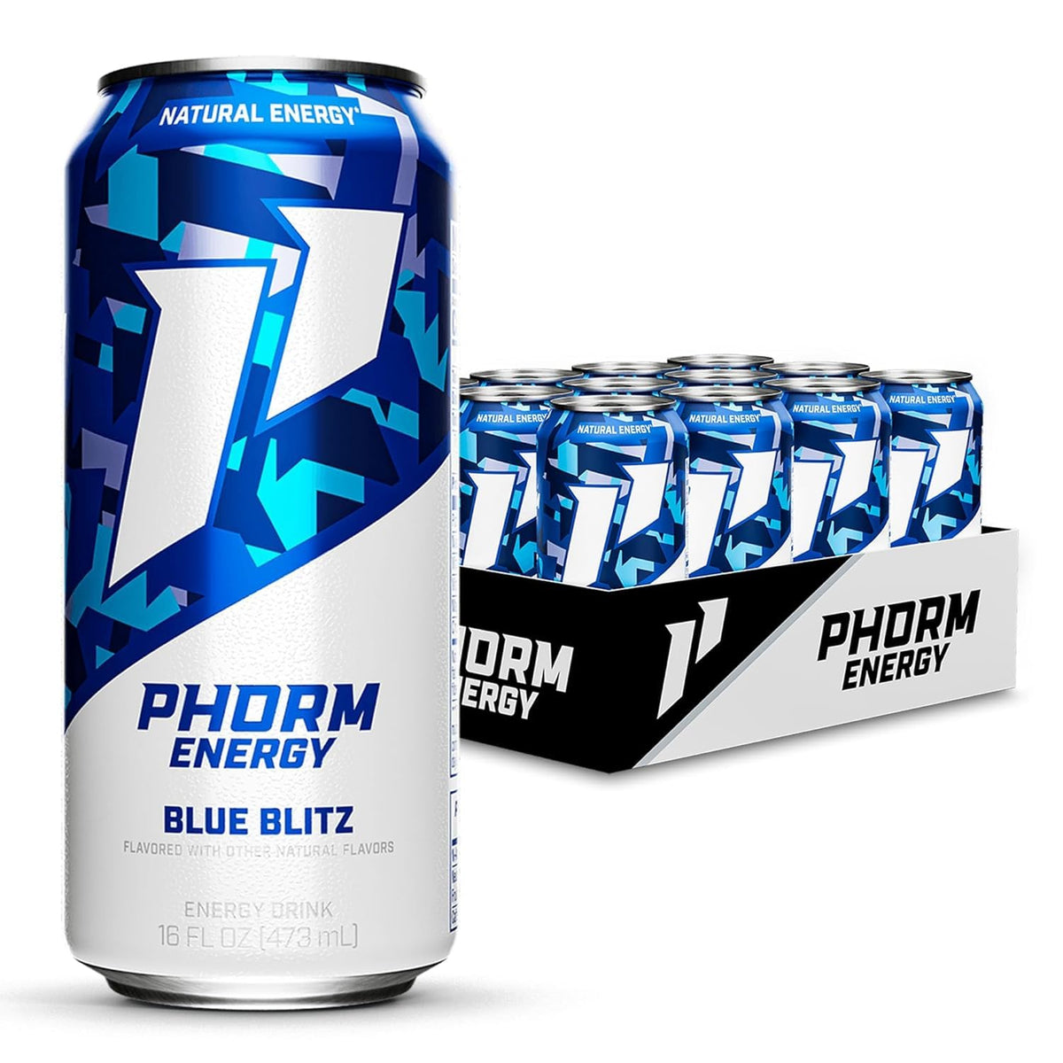 PHORM ENERGY Blue Blitz: Blue Raspberry Sugar-Free Energy Drink, 200 mg Natural Caffeine, Electrolytes + Vitamin B12, 16 oz Can Pack (12)
