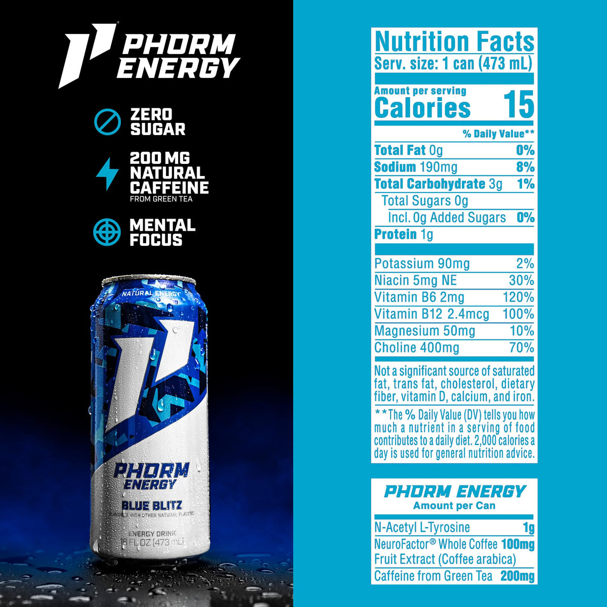 PHORM ENERGY Blue Blitz: Blue Raspberry Sugar-Free Energy Drink, 200 mg Natural Caffeine, Electrolytes + Vitamin B12, 16 oz Can Pack (12)