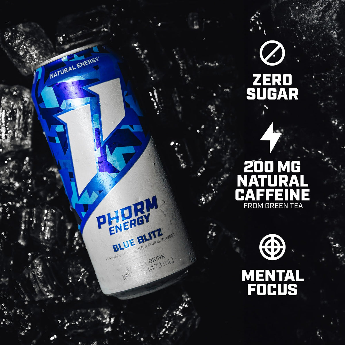 PHORM ENERGY Blue Blitz: Blue Raspberry Sugar-Free Energy Drink, 200 mg Natural Caffeine, Electrolytes + Vitamin B12, 16 oz Can Pack (12)