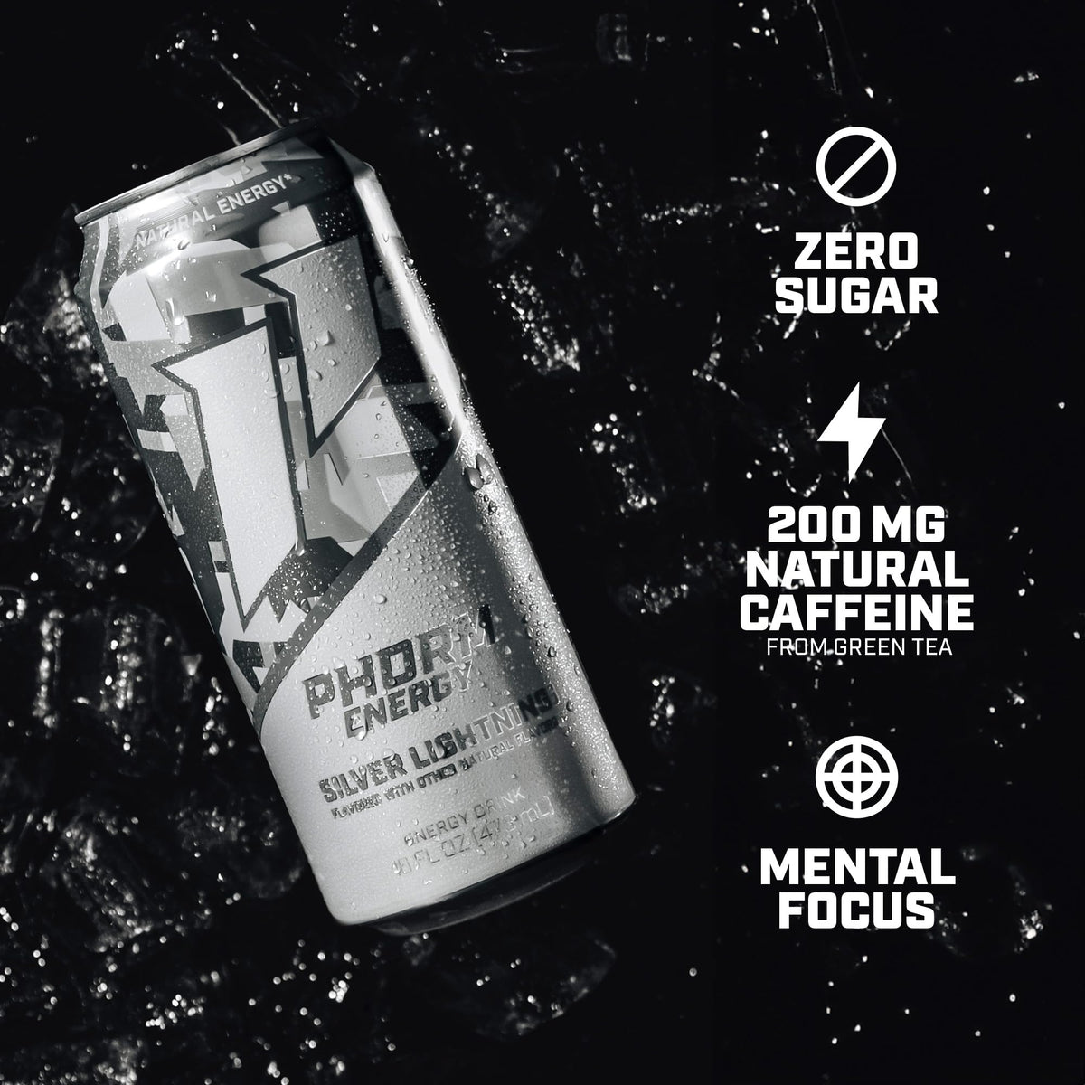 PHORM ENERGY Silver Lightning Drink – 200 mg Natural Green Tea Caffeine, Sugar Free, Electrolytes, 16 oz