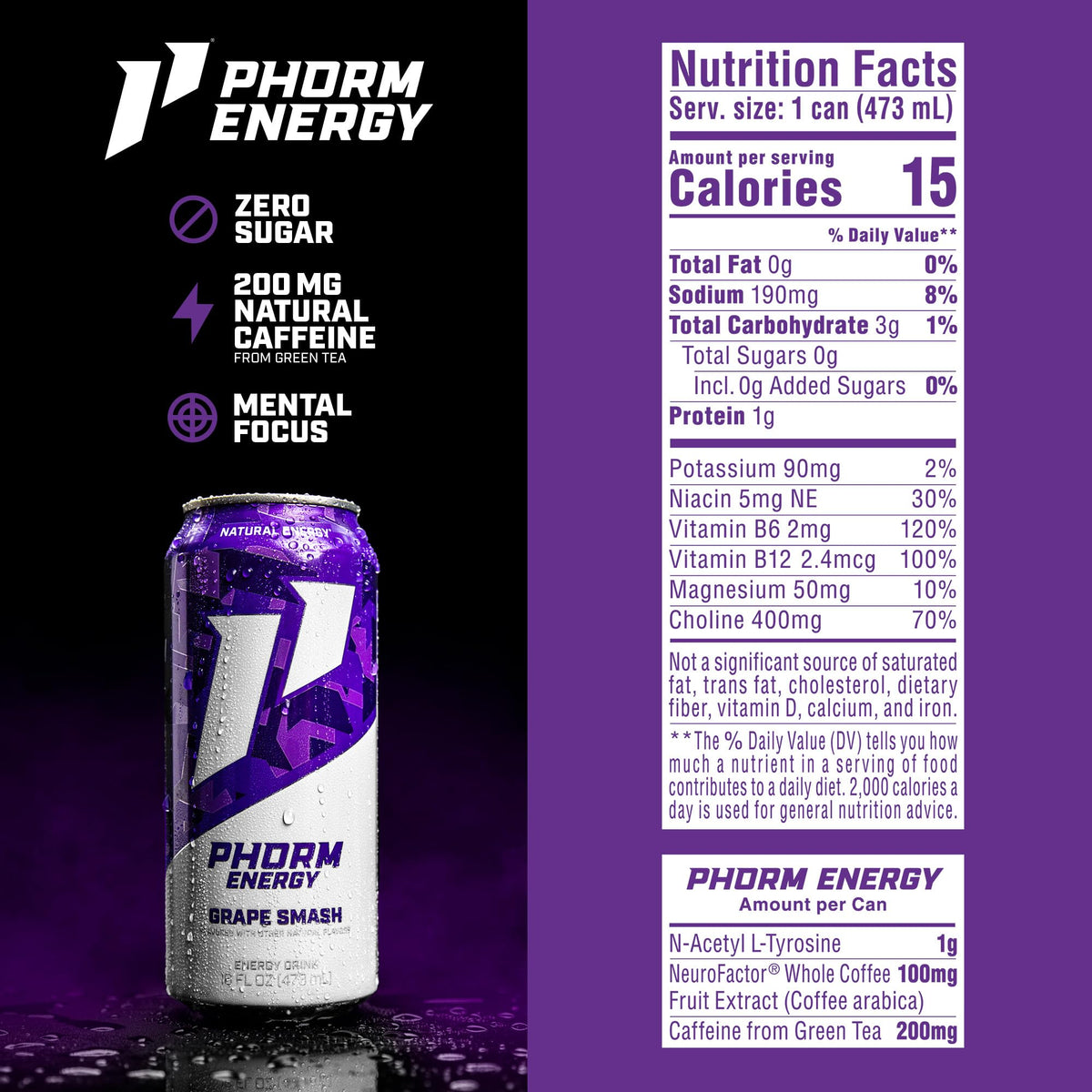 Phorm Energy Drink – Grape Smash, 200 mg Caffeine from Green Tea, Sugar Free, Electrolytes & B12, 16 oz Can (12-Pack)