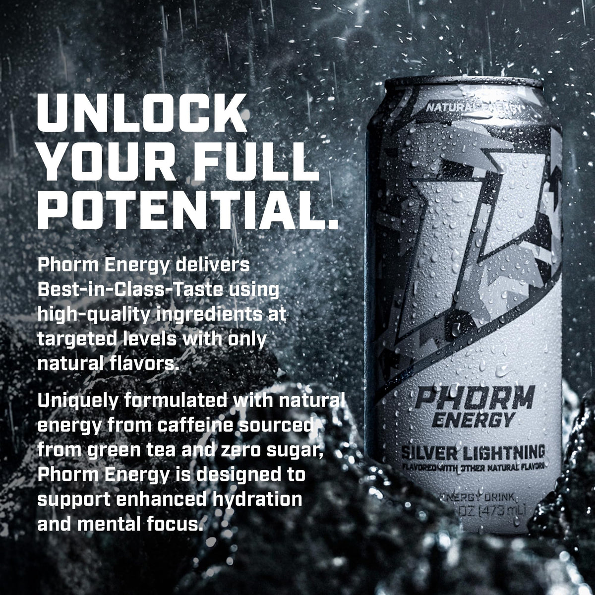 PHORM ENERGY Silver Lightning Drink – 200 mg Natural Green Tea Caffeine, Sugar Free, Electrolytes, 16 oz