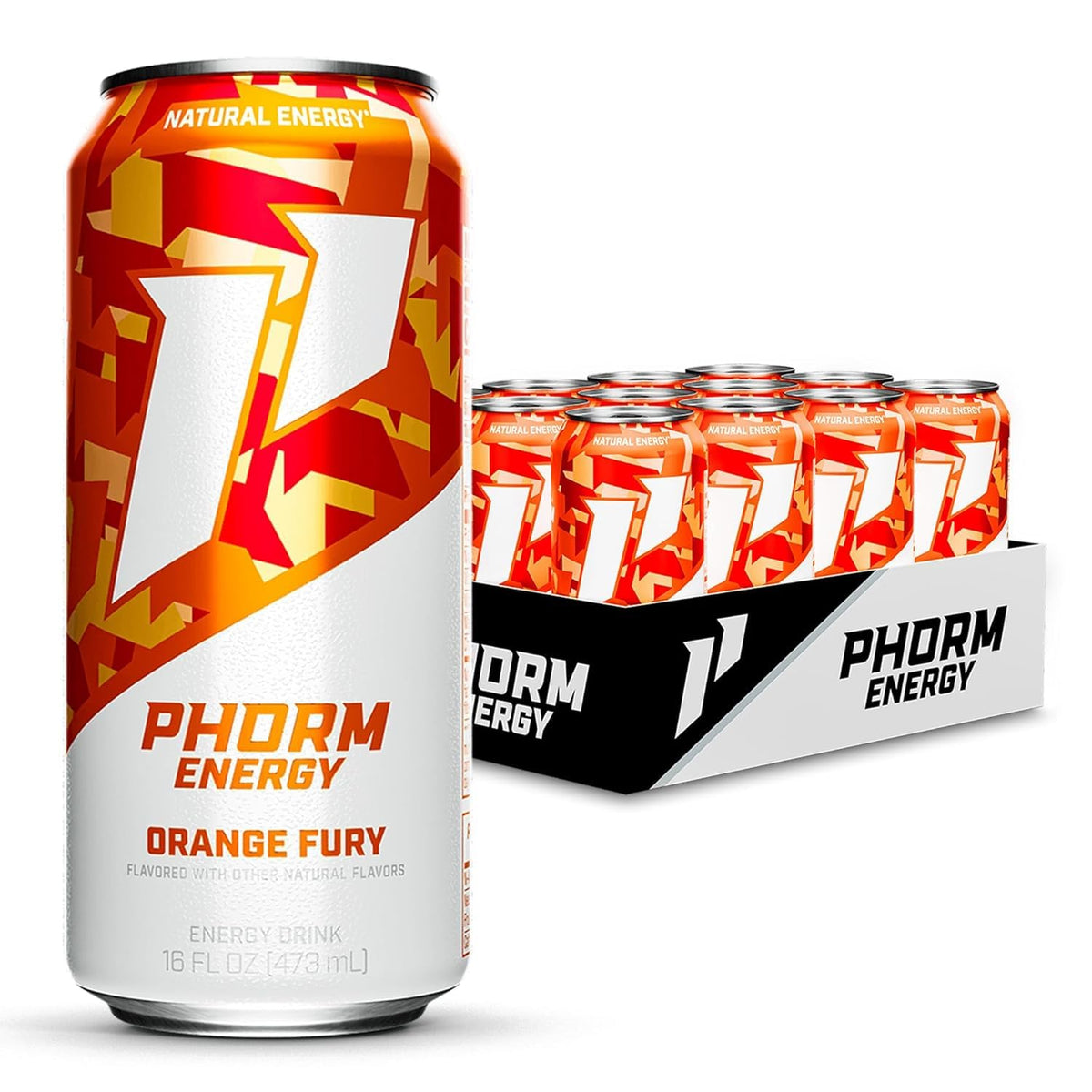 PHORM ENERGY Orange Fury Sugar-Free Energy Drink – 200 mg Caffeine, Electrolytes, 16 oz Cans (12-Pack)