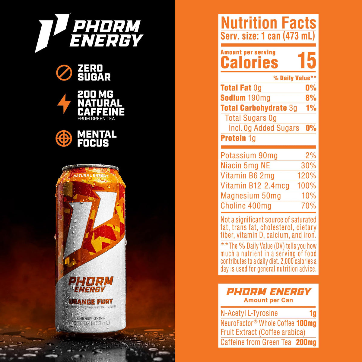 PHORM ENERGY Orange Fury Sugar-Free Energy Drink – 200 mg Caffeine, Electrolytes, 16 oz Cans (12-Pack)