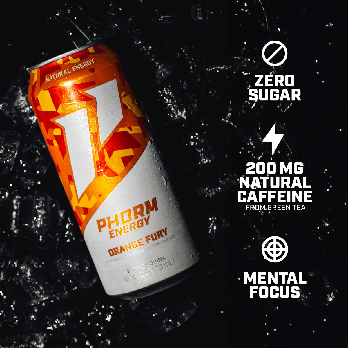 PHORM ENERGY Orange Fury Sugar-Free Energy Drink – 200 mg Caffeine, Electrolytes, 16 oz Cans (12-Pack)