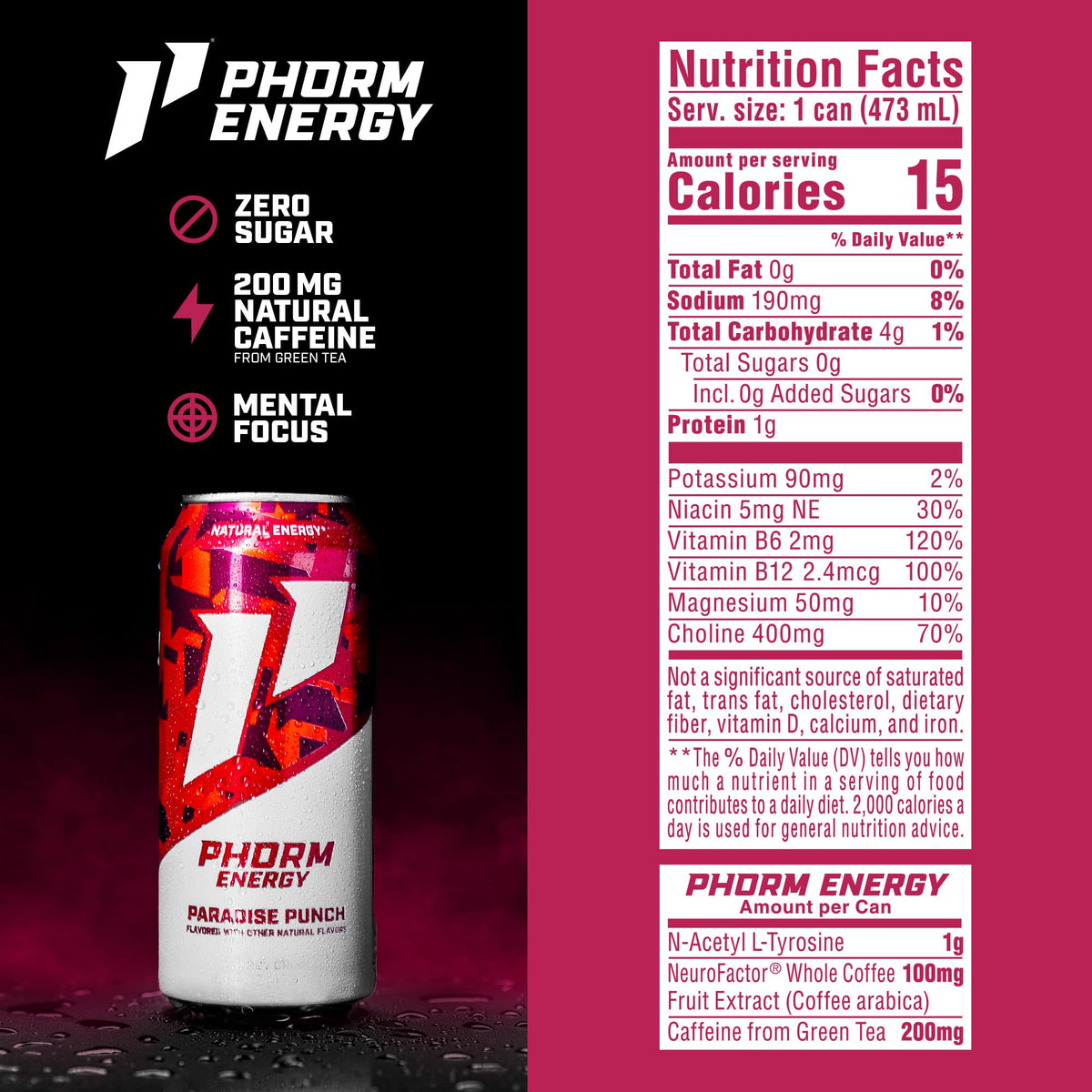 PHORM ENERGY Paradise Punch – Sugar Free Caffeine Drink, 200 mg Green Tea Caffeine, 16 oz