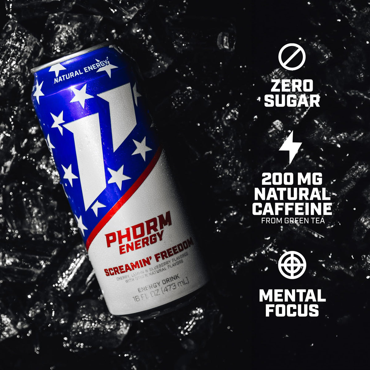 Phorm Energy Drink Screamin’ Freedom – Sugar Free, 200 mg Caffeine, Green Tea, Electrolytes, Pack of 12
