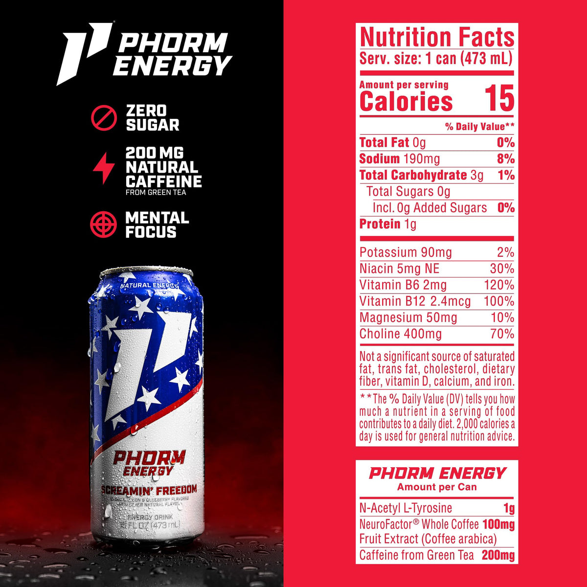 Phorm Energy Drink Screamin’ Freedom – Sugar Free, 200 mg Caffeine, Green Tea, Electrolytes, Pack of 12