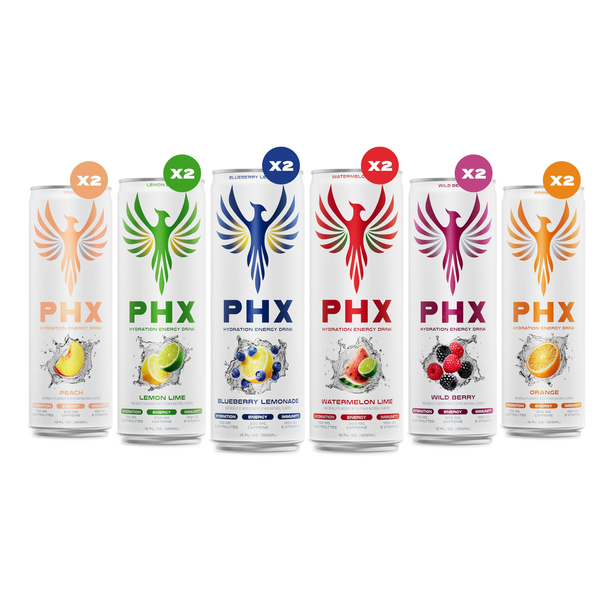 PHX Hydration Energy Drink | 700mg Electrolytes, 200mg Green Tea Caffeine, 8 Vitamins – 12 oz Cans (12 Pack)