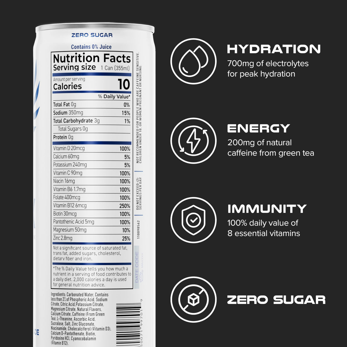 PHX Hydration Energy Drink | 700mg Electrolytes, 200mg Green Tea Caffeine, 8 Vitamins – 12 oz Cans (12 Pack)