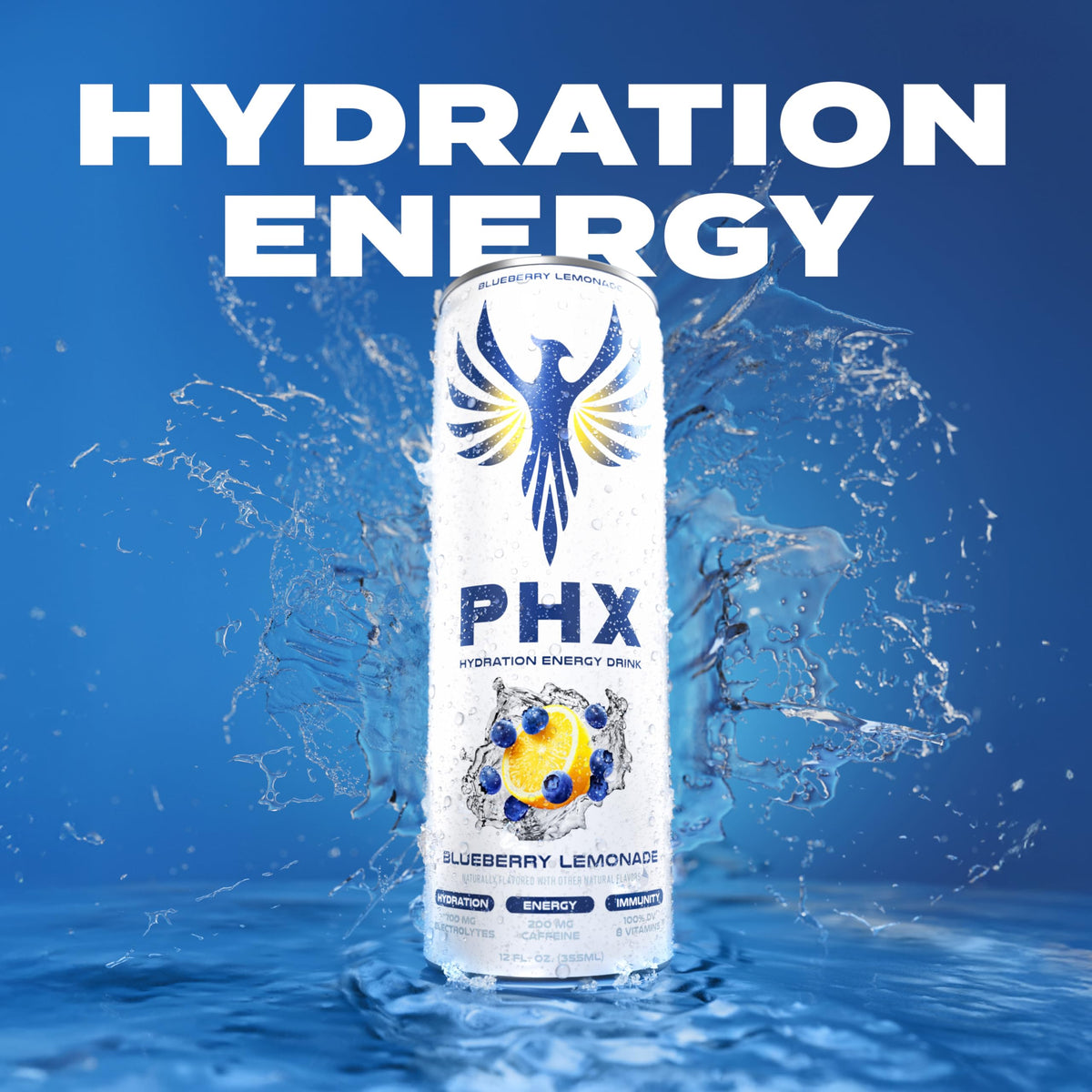 PHX Hydration Energy Drink – Blueberry Lemonade, 12 Pack, 700 mg Electrolytes & 200 mg Green Tea Caffeine