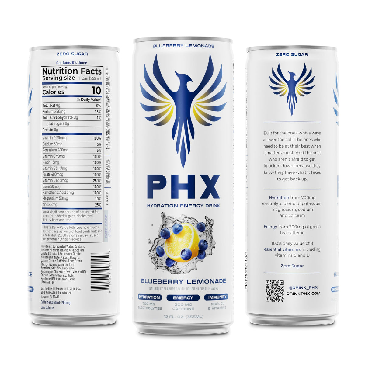 PHX Hydration Energy Drink – Blueberry Lemonade, 12 Pack, 700 mg Electrolytes & 200 mg Green Tea Caffeine