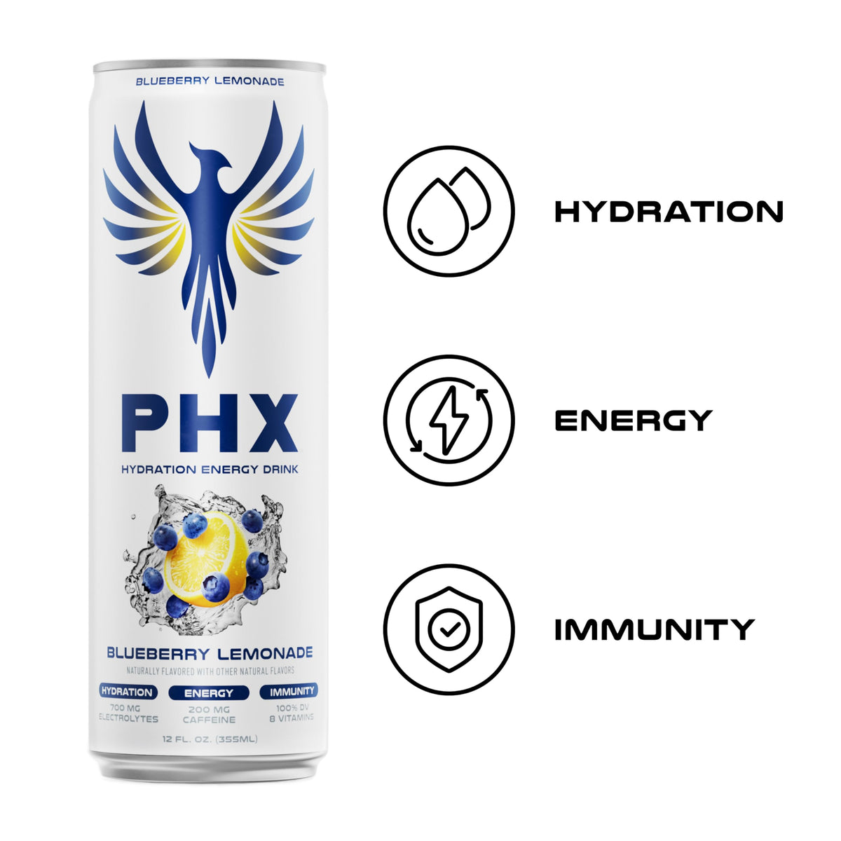 PHX Hydration Energy Drink – Blueberry Lemonade, 12 Pack, 700 mg Electrolytes & 200 mg Green Tea Caffeine