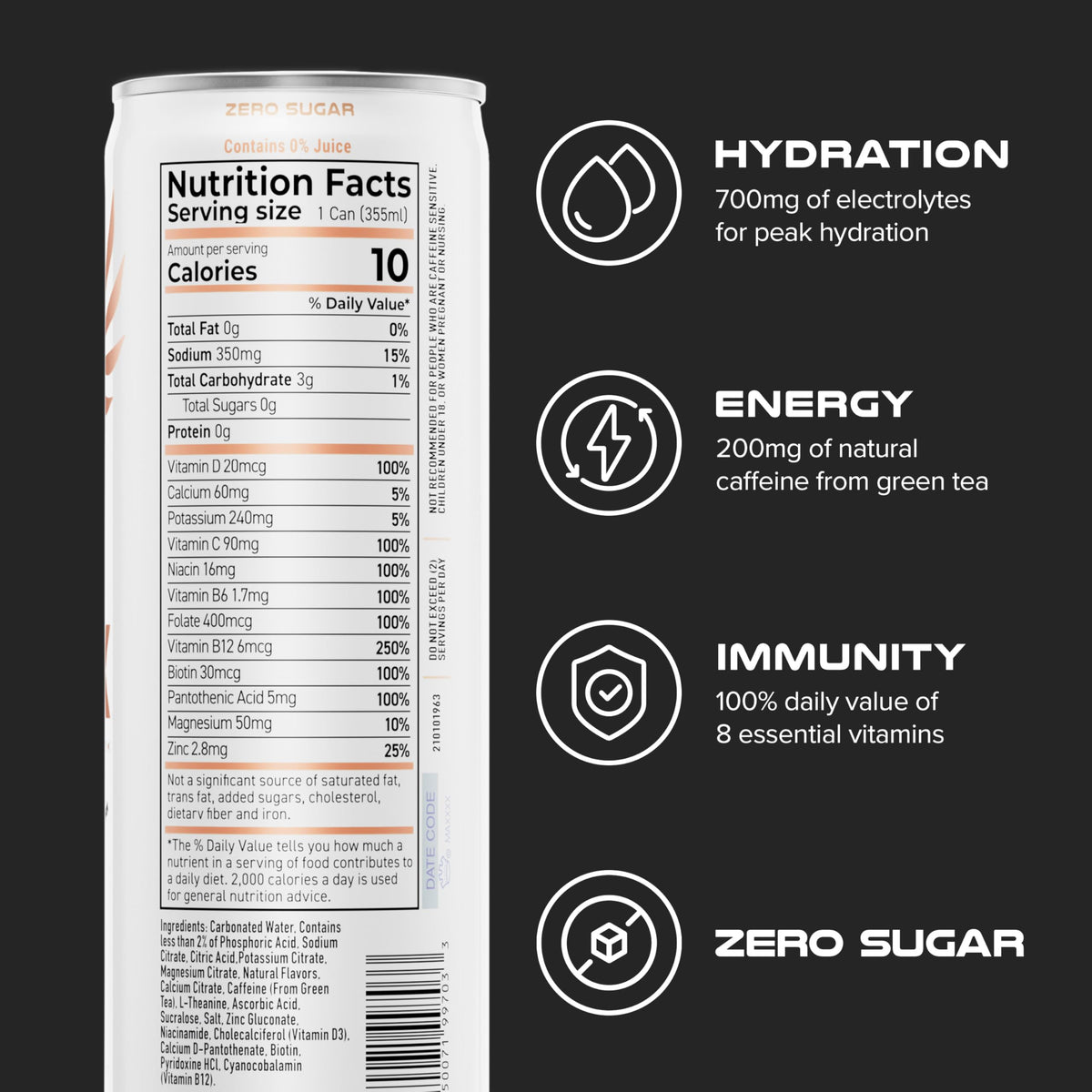 PHX Hydration Energy Drink – 700mg Electrolytes, 200mg Natural Green Tea Caffeine, 8 Vitamins – 12 Pack (Peach)