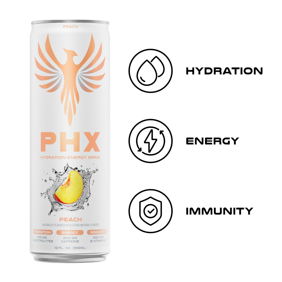 PHX Hydration Energy Drink – 700mg Electrolytes, 200mg Natural Green Tea Caffeine, 8 Vitamins – 12 Pack (Peach)