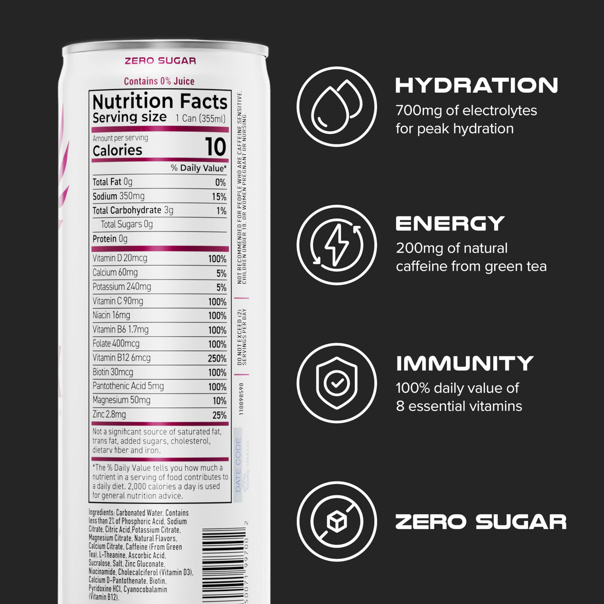 PHX Hydration Energy Drink - 700mg Electrolytes, 200mg Natural Green Tea Caffeine, 100% DV 8 Essential Vitamins - 12 oz Cans (12 Pack, Wild Berry)