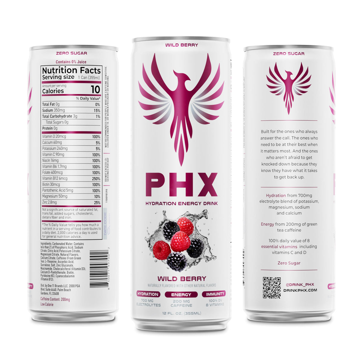 PHX Hydration Energy Drink - 700mg Electrolytes, 200mg Natural Green Tea Caffeine, 100% DV 8 Essential Vitamins - 12 oz Cans (12 Pack, Wild Berry)