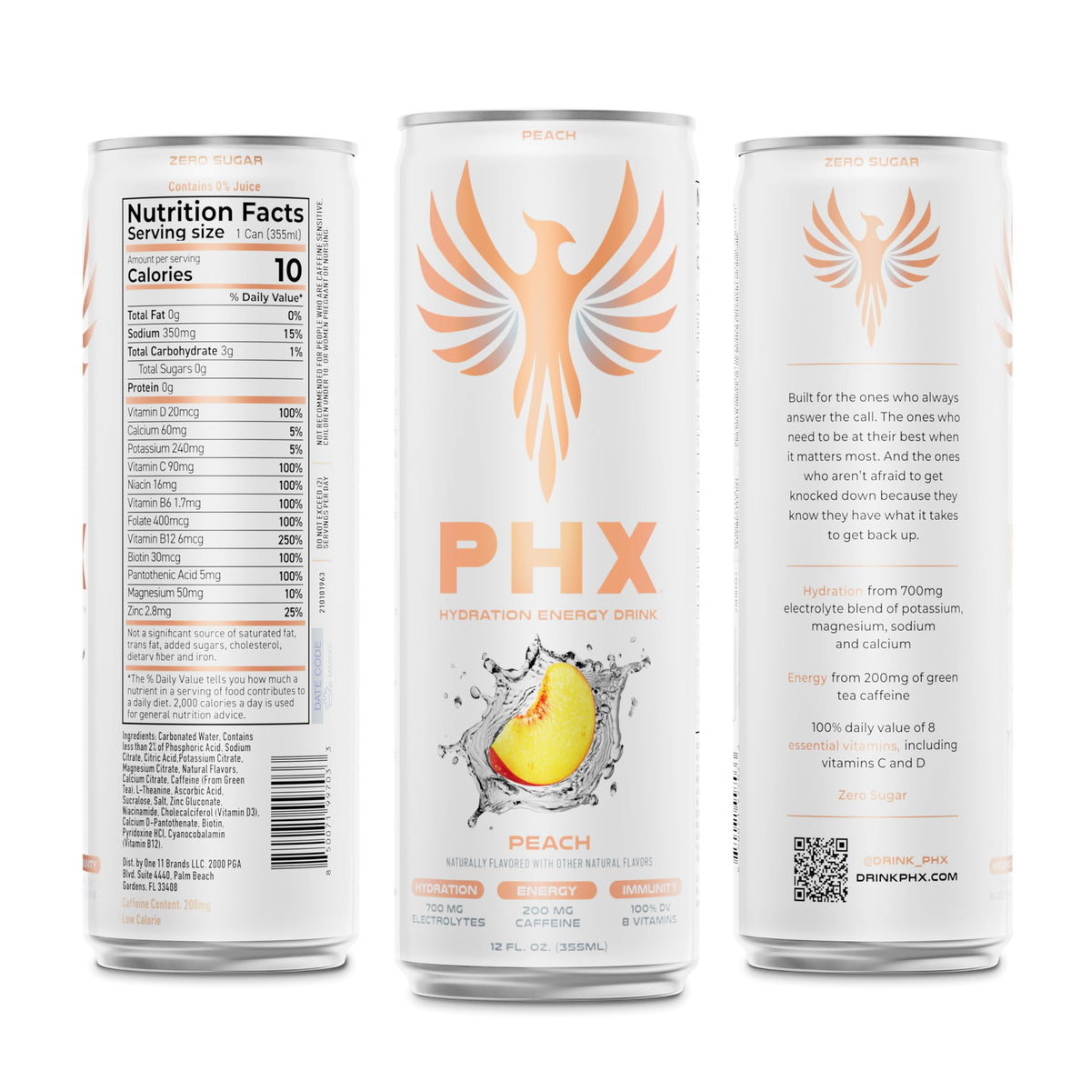 PHX Hydration Energy Drink – 700mg Electrolytes, 200mg Natural Green Tea Caffeine, 8 Vitamins – 12 Pack (Peach)