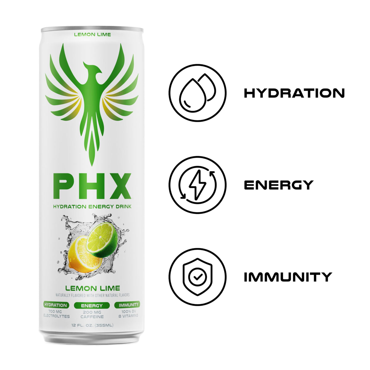 PHX Hydration Energy Drink – 700mg Electrolytes, 200mg Green Tea Caffeine, 8 Vitamins (12 oz Can) Lemon Lime – 12 Pack