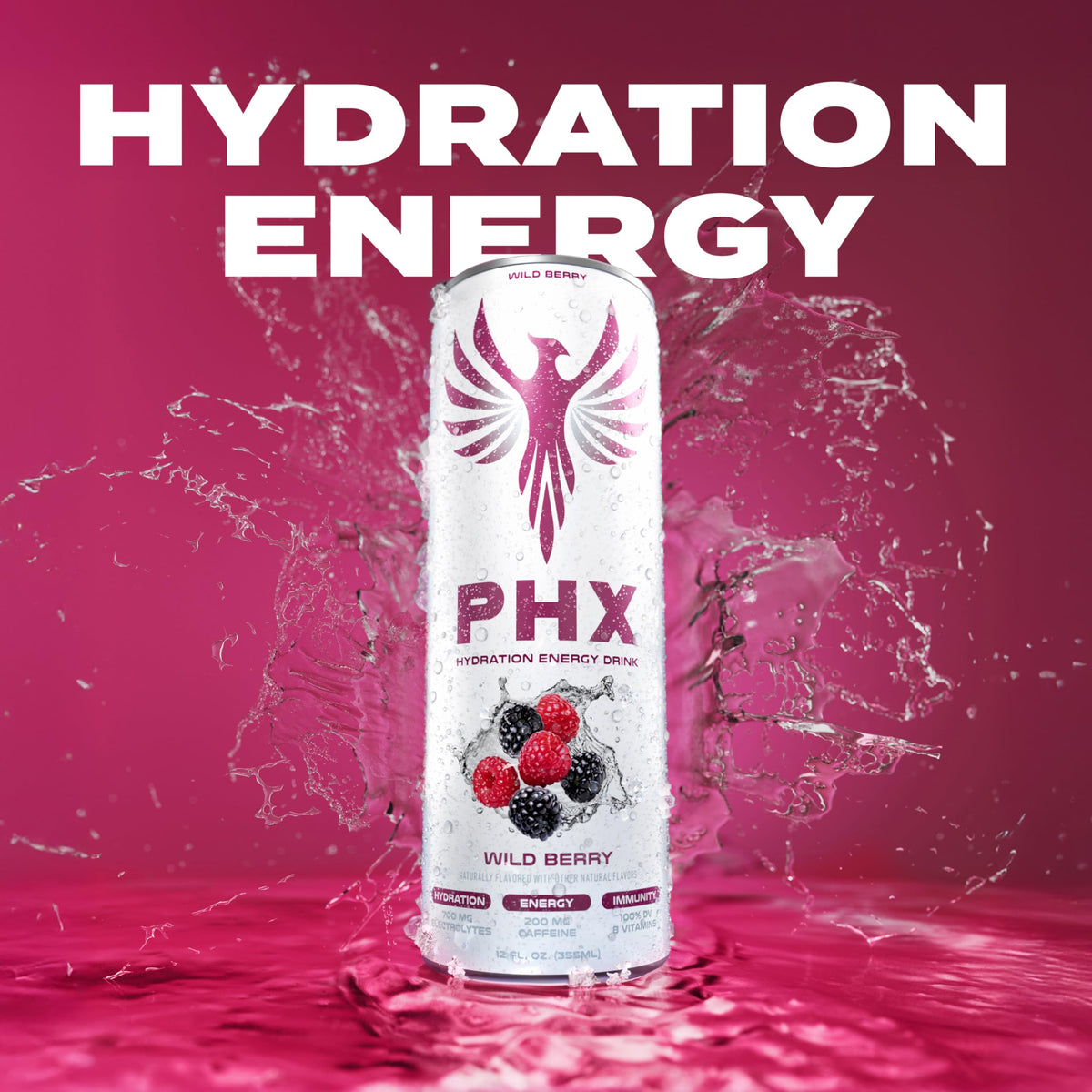 PHX Hydration Energy Drink - 700mg Electrolytes, 200mg Natural Green Tea Caffeine, 100% DV 8 Essential Vitamins - 12 oz Cans (12 Pack, Wild Berry)