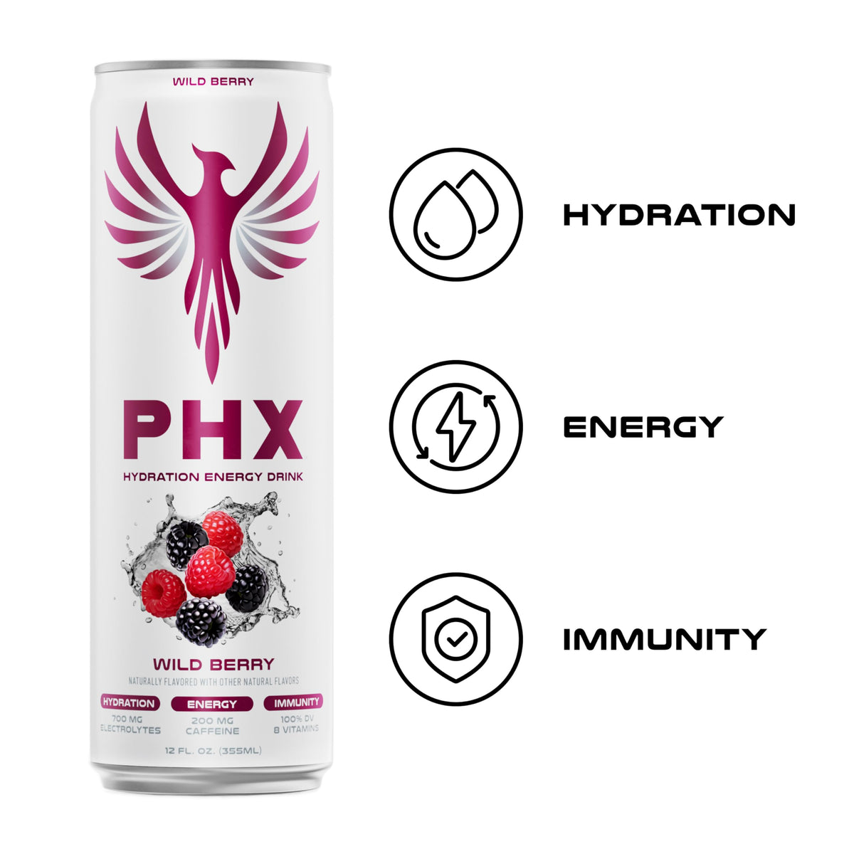 PHX Hydration Energy Drink - 700mg Electrolytes, 200mg Natural Green Tea Caffeine, 100% DV 8 Essential Vitamins - 12 oz Cans (12 Pack, Wild Berry)