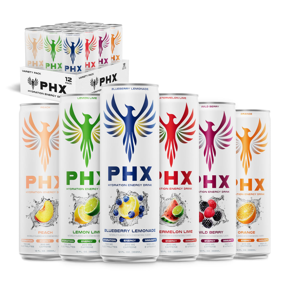 PHX Hydration Energy Drink | 700mg Electrolytes, 200mg Green Tea Caffeine, 8 Vitamins – 12 oz Cans (12 Pack)