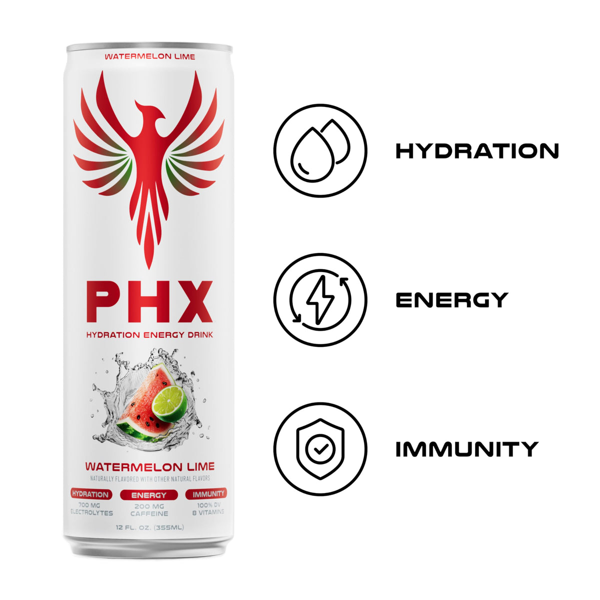 PHX Hydration Energy Drink – 700mg Electrolytes, 200mg Natural Green Tea Caffeine, 100% DV of 8 Vitamins – 12 oz Cans (Watermelon Lime)