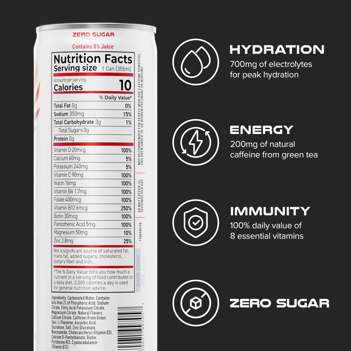 PHX Hydration Energy Drink – 700mg Electrolytes, 200mg Natural Green Tea Caffeine, 100% DV of 8 Vitamins – 12 oz Cans (Watermelon Lime)