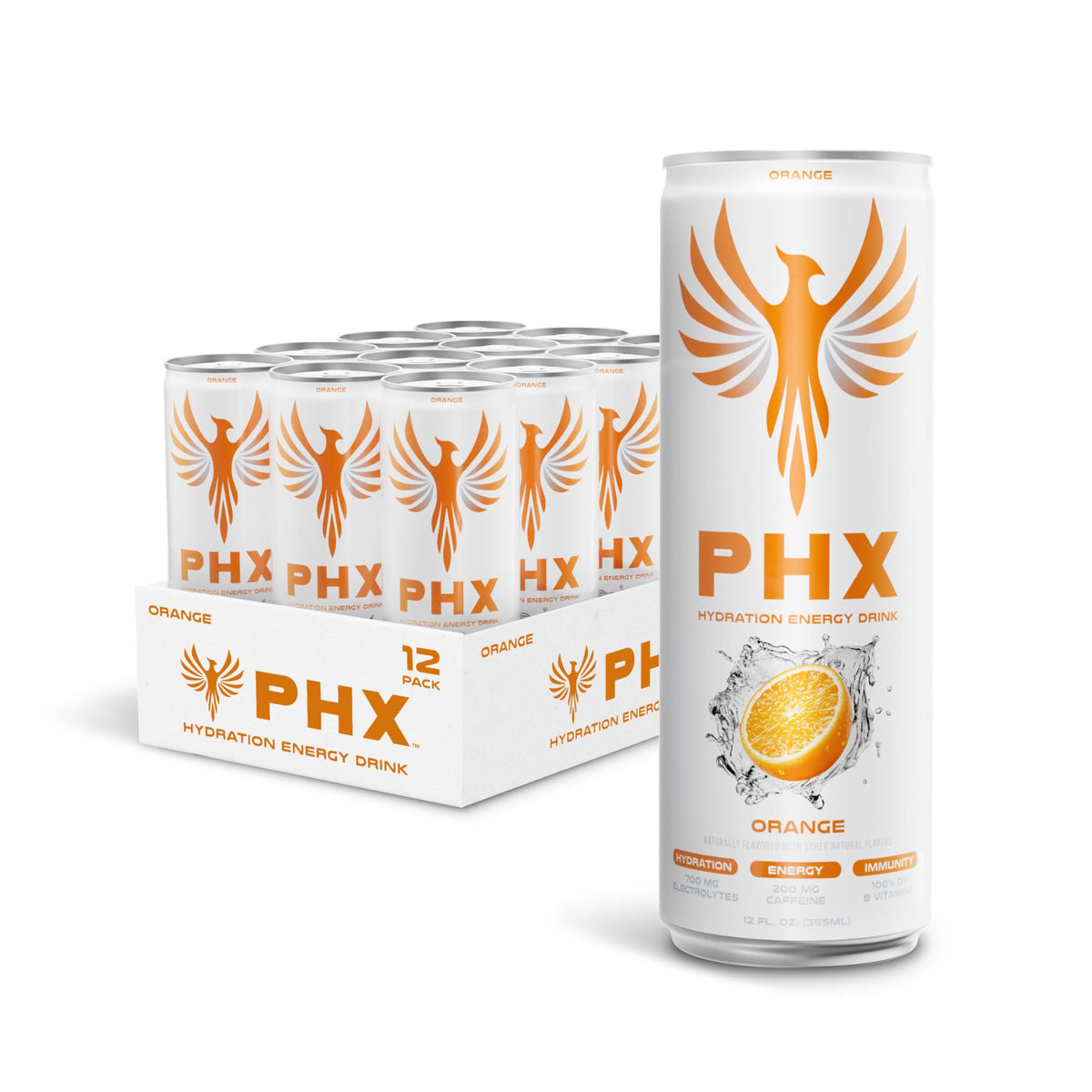PHX Hydration Energy Drink – 700mg Electrolytes, 200mg Green Tea Caffeine, 8 Vitamins • 12 oz Cans (12 Pack, Orange)