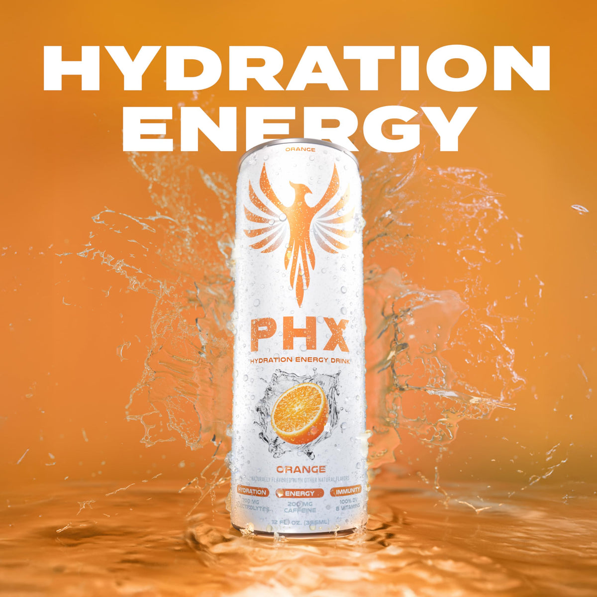 PHX Hydration Energy Drink – 700mg Electrolytes, 200mg Green Tea Caffeine, 8 Vitamins • 12 oz Cans (12 Pack, Orange)