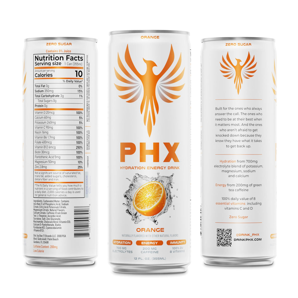 PHX Hydration Energy Drink – 700mg Electrolytes, 200mg Green Tea Caffeine, 8 Vitamins • 12 oz Cans (12 Pack, Orange)