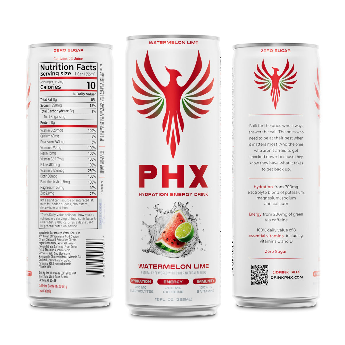 PHX Hydration Energy Drink – 700mg Electrolytes, 200mg Natural Green Tea Caffeine, 100% DV of 8 Vitamins – 12 oz Cans (Watermelon Lime)