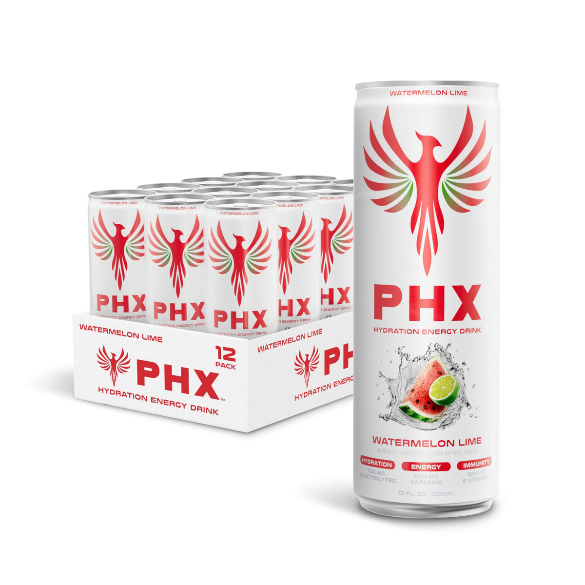 PHX Hydration Energy Drink – 700mg Electrolytes, 200mg Natural Green Tea Caffeine, 100% DV of 8 Vitamins – 12 oz Cans (Watermelon Lime)