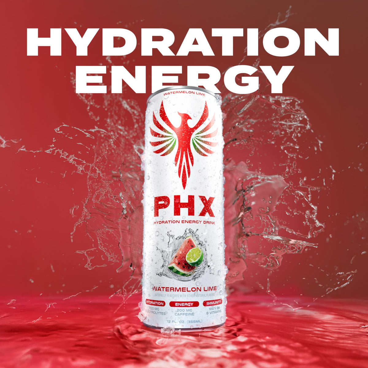 PHX Hydration Energy Drink | 700mg Electrolytes, 200mg Green Tea Caffeine, 8 Vitamins – 12 oz Cans (12 Pack)