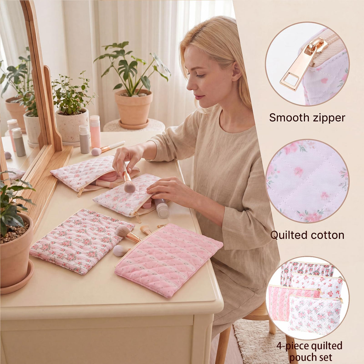 Pimoys Cotton Makeup Bag, Pink Floral Cosmetic Pouch, Zipper Travel Case