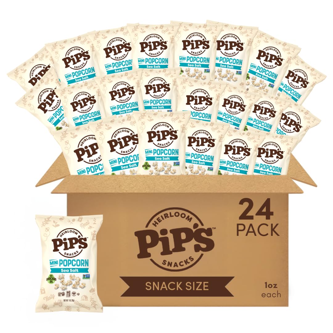 Pip's Heirloom Sea Salt Mini Popcorn – 24 Pack, 1 oz Bags | Gluten Free, Non-GMO, Vegan