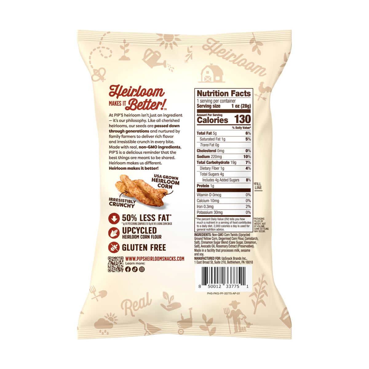 Pip's Heirloom Cinnamon Churro Twists – 1 oz Bags (24 Pack) | Gluten Free, Non-GMO, Upcycled Corn