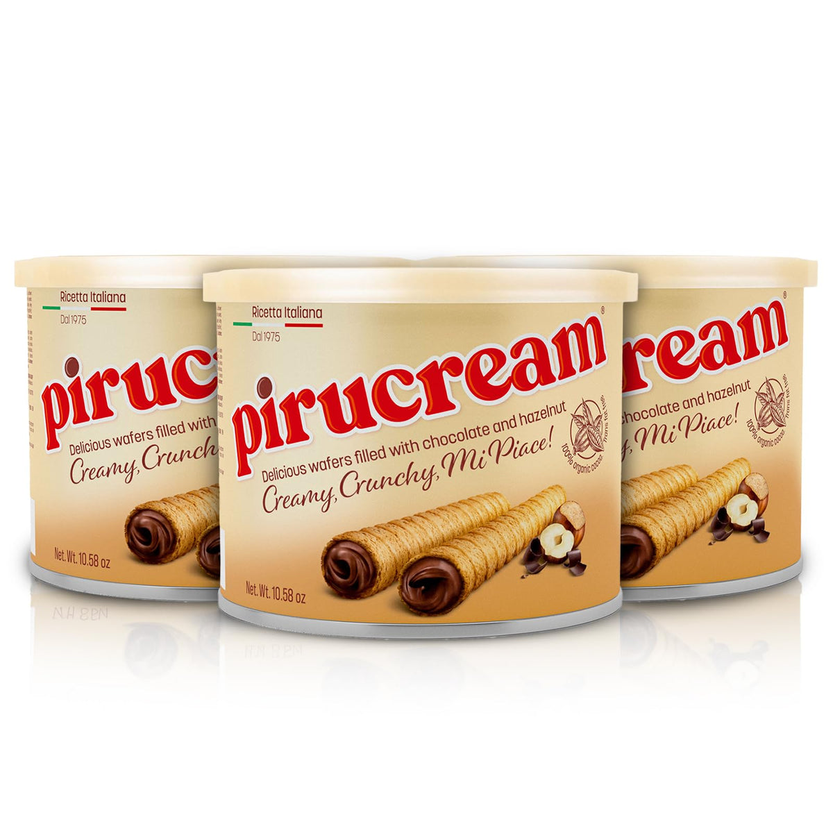 Pirucream Rolled Wafers with Chocolate Hazelnut — Organic 100% Cocoa, No Trans Fat, Palm Oil Free, 3-Pack Tin (300 g each)