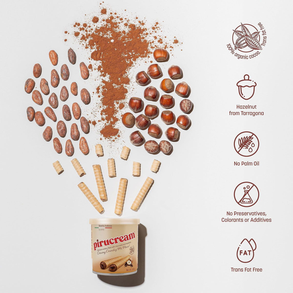 Pirucream Rolled Wafers with Chocolate Hazelnut — Organic 100% Cocoa, No Trans Fat, Palm Oil Free, 3-Pack Tin (300 g each)