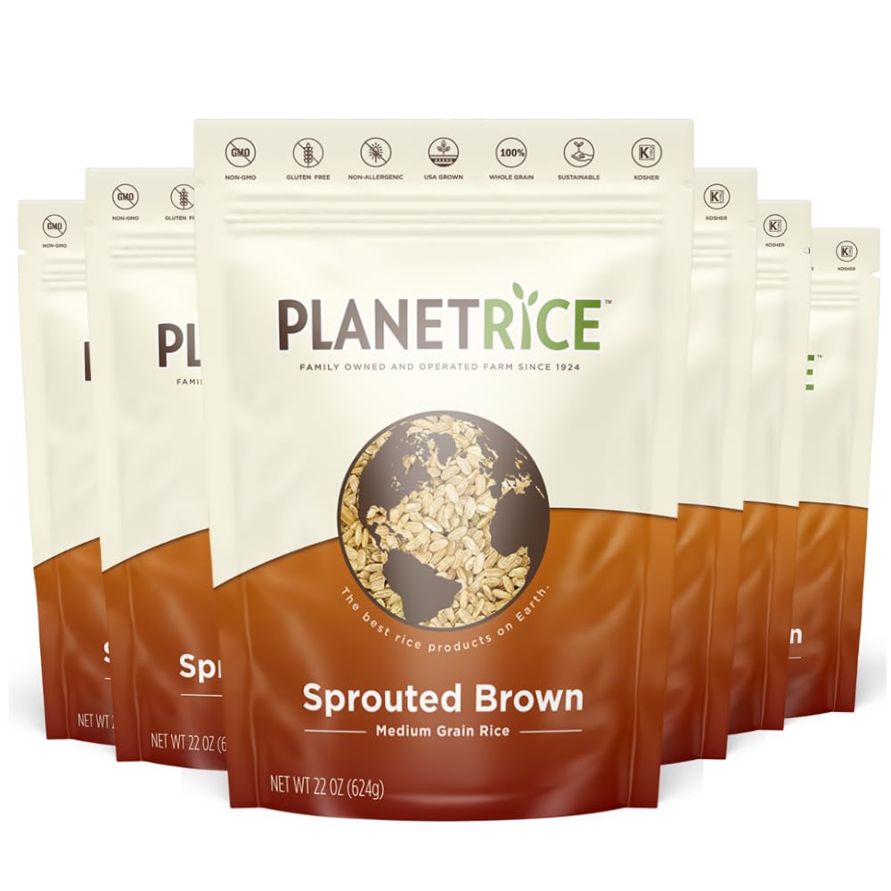 Planet Rice Bulk Sprouted Brown Rice – 64% More Fiber, Gluten-Free, Vegan, 22 oz x 6