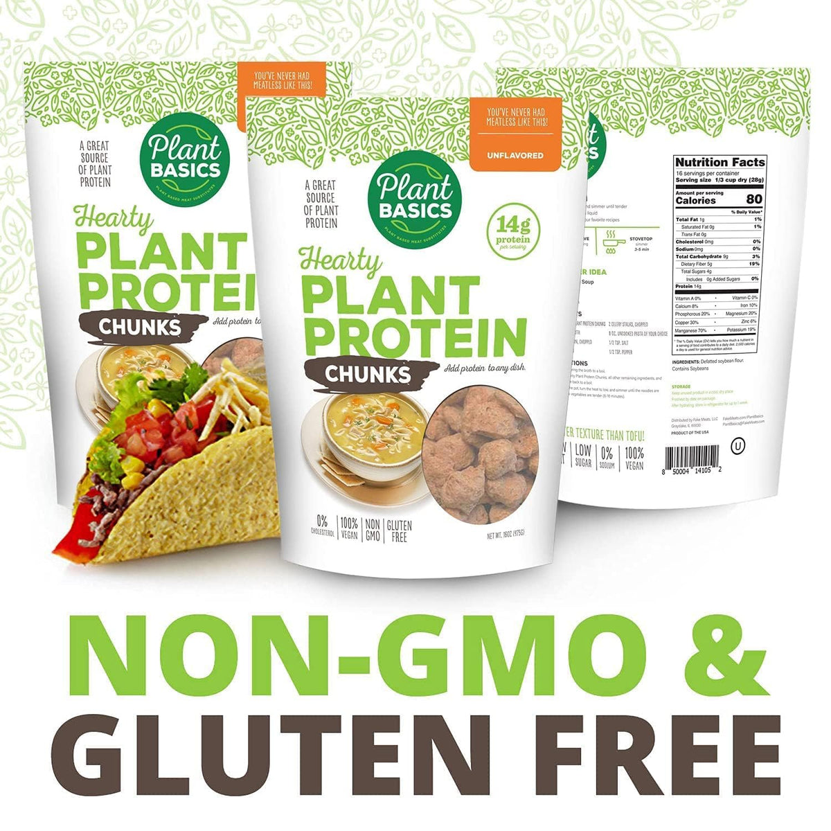 Plant Basics Hearty Plant Protein – Unflavored Chunks, 2 lb Pack, Vegan Meat Substitutes