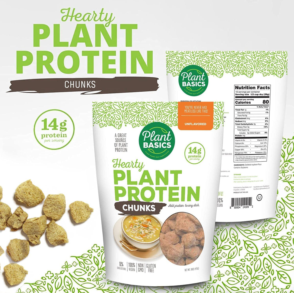 Plant Basics Hearty Plant Protein Chunks – Unflavored 6 lb Bulk Bag | Non-GMO, Gluten Free, Low Fat, Vegan Meat Substitute