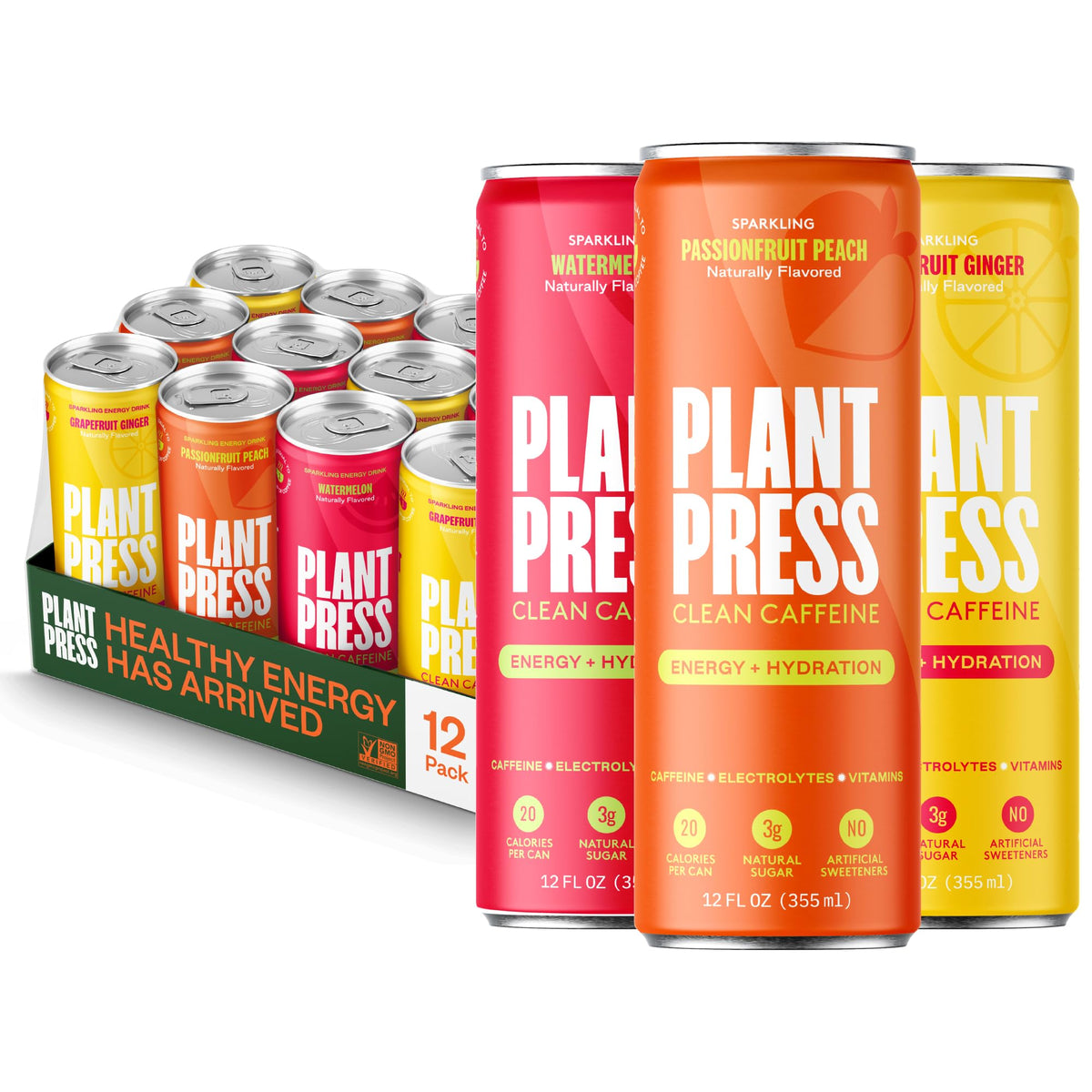 Plant Press Organic Energy Drink — 100 mg Caffeine, Full Vitamin Range, Electrolytes | Variety Pack (12 x 12 oz)