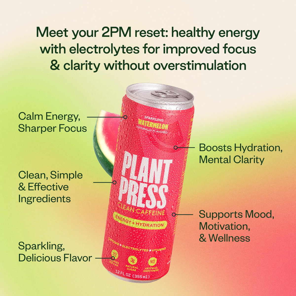 Plant Press Watermelon — Organic Energy Drink, 100 mg Caffeine, Electrolytes, No Preservatives (12 Pack)