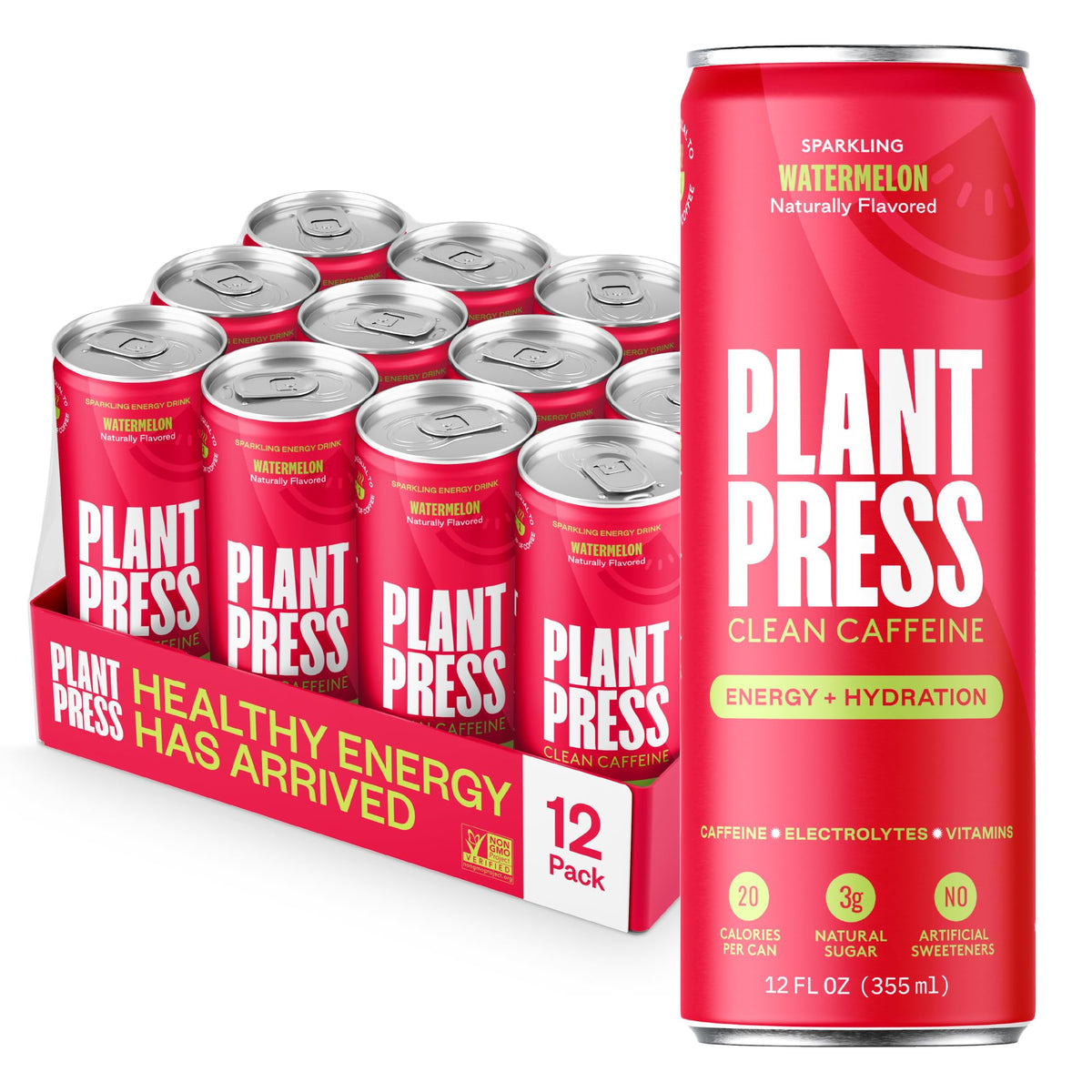 Plant Press Watermelon — Organic Energy Drink, 100 mg Caffeine, Electrolytes, No Preservatives (12 Pack)
