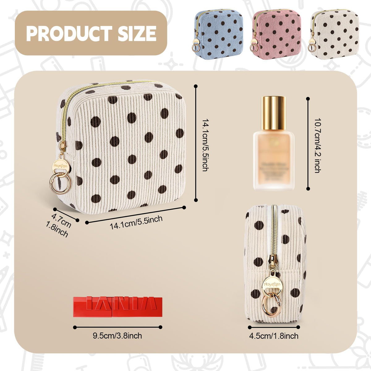 Playexen Corduroy Mini Makeup Bag, Small Cosmetics Bag for Purse, D-Beige