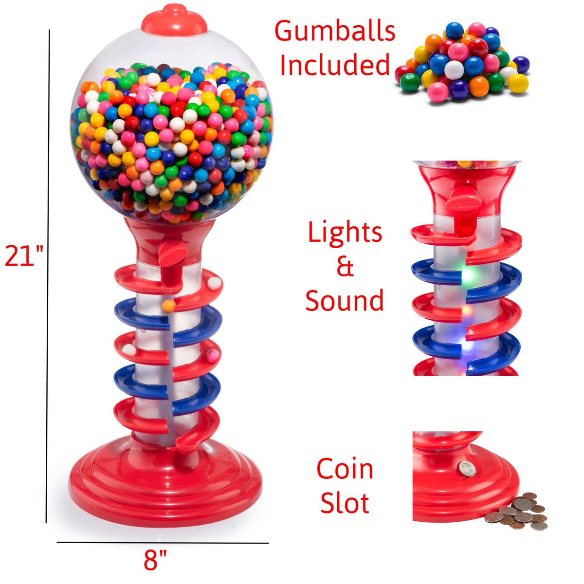 Playo Big Light and Sound Spiral Gumball Bank 21 Inch - 113 Gumballs Included - Kids Candy Dispenser