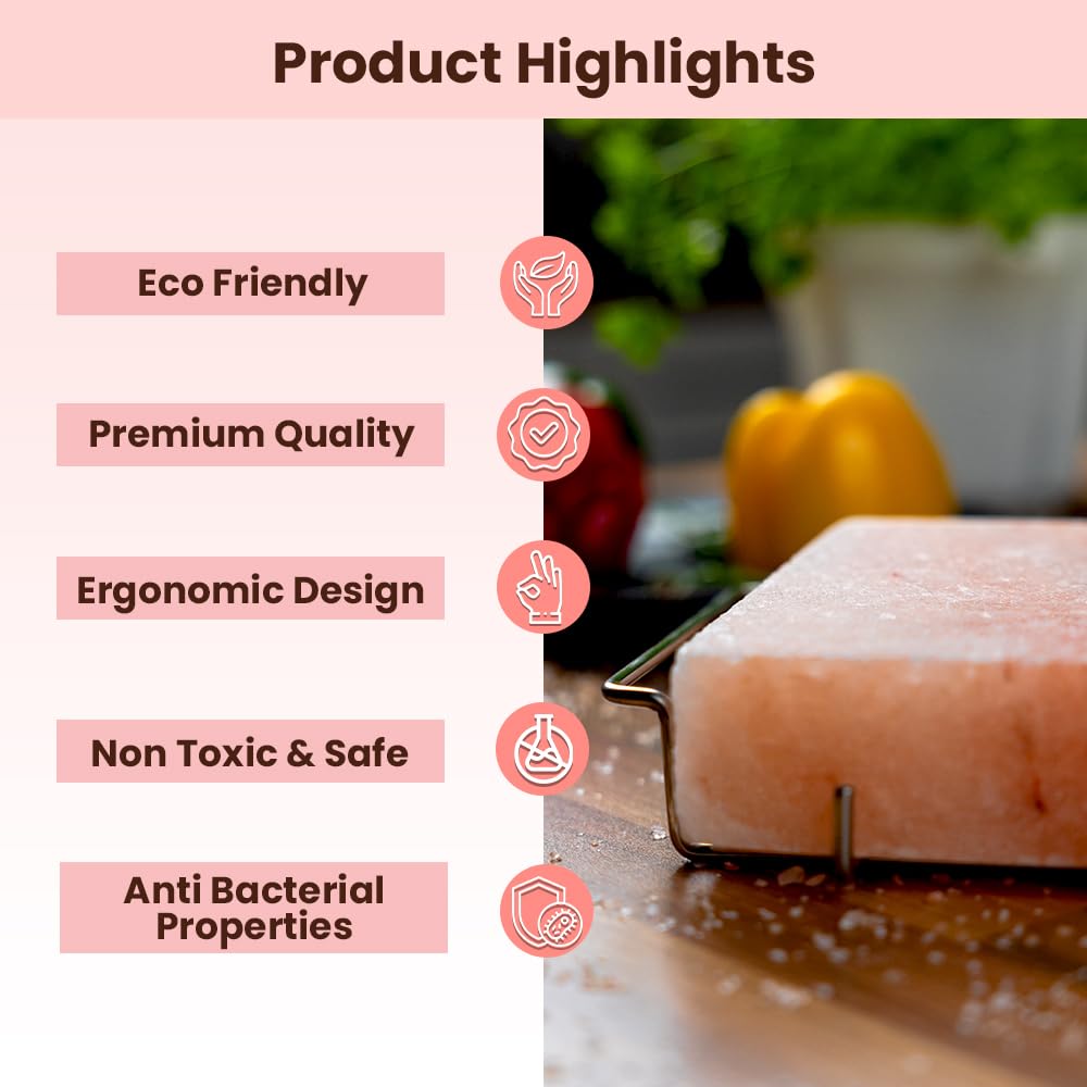 POHS 2-Inch Himalayan Salt Block with Stainless Steel Holder – Grilling, Searing, Cold Serving (12x8x2 in)