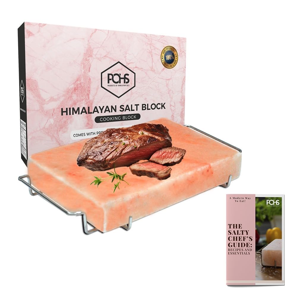 POHS 2-Inch Himalayan Salt Block with Stainless Steel Holder – Grilling, Searing, Cold Serving (12x8x2 in)